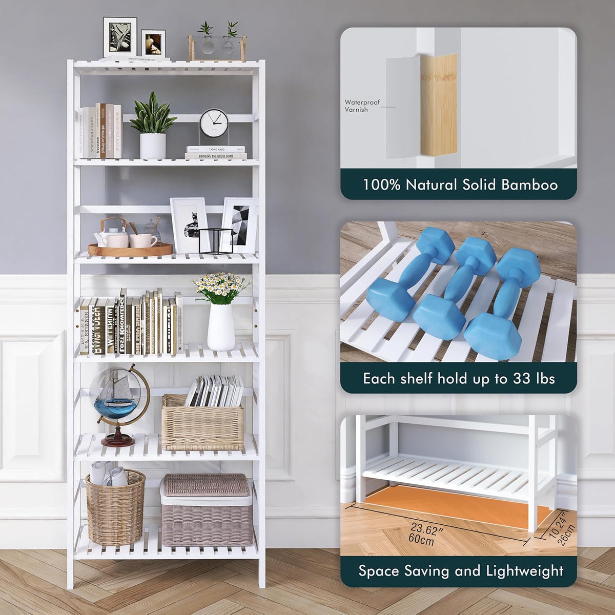 White Freestanding Bamboo Floor Cabinet with Adjustable Shelves and 4 Hooks W1444