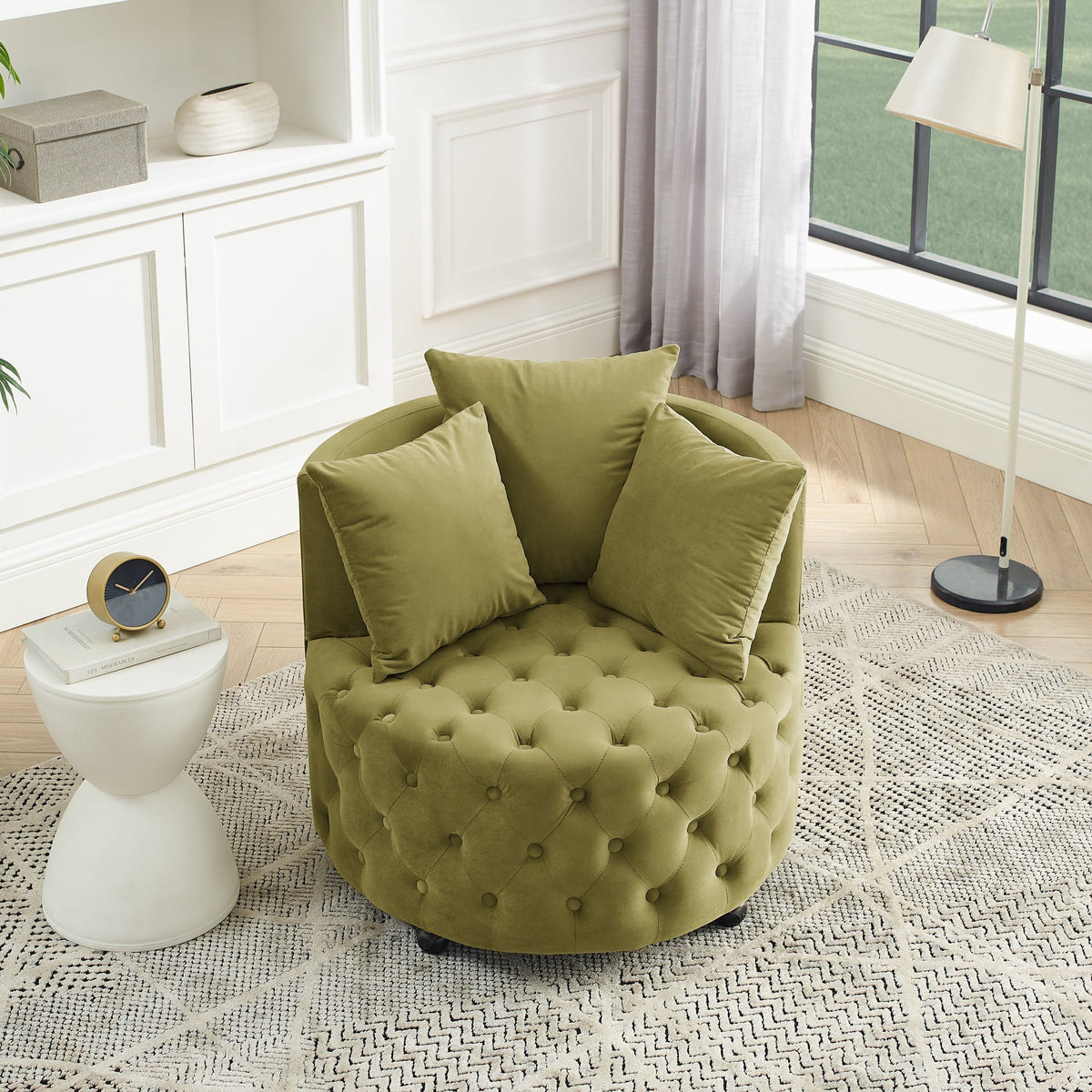 Khaki Green Velvet Swivel Chair with Wheels T1625