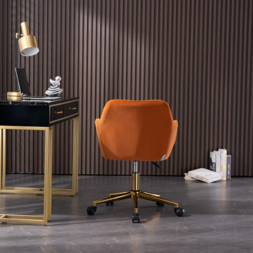 Orange Velvet Adjustable Height Office Chair with Gold Metal Legs and Wheels I26607