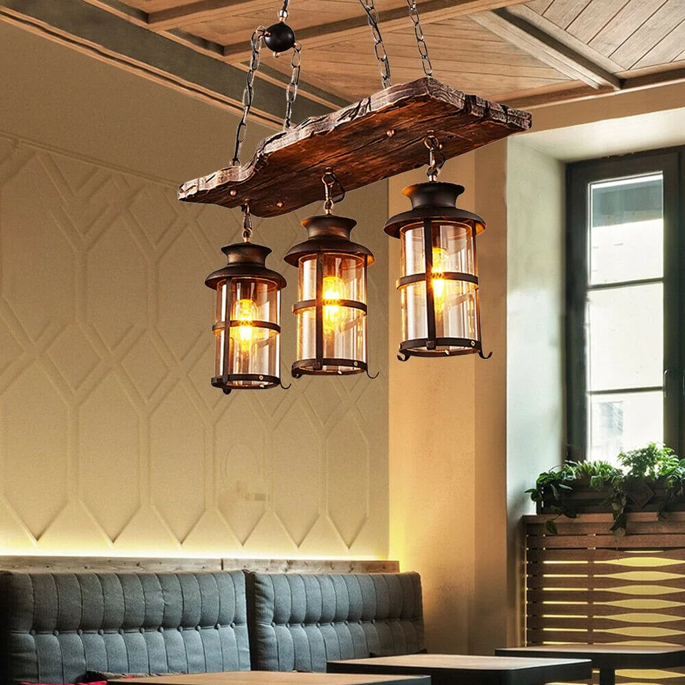 Rustic Wood 3 Heads Hanging Chandelier Ceiling Light A2512