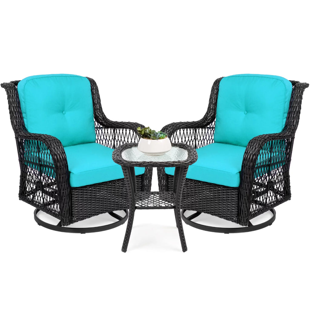 3-Piece Wicker Bistro Set with 2 Cushioned Swivel Rocking Chairs and Side Table B65814