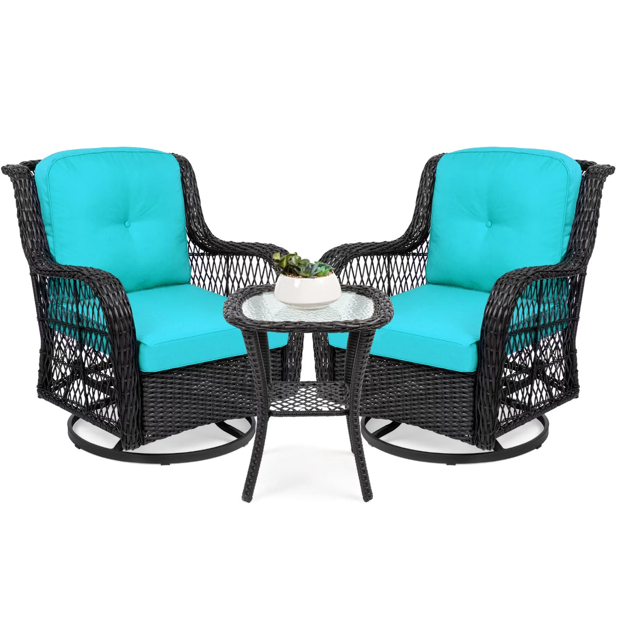 3-Piece Wicker Bistro Set with 2 Cushioned Swivel Rocking Chairs and Side Table B65814