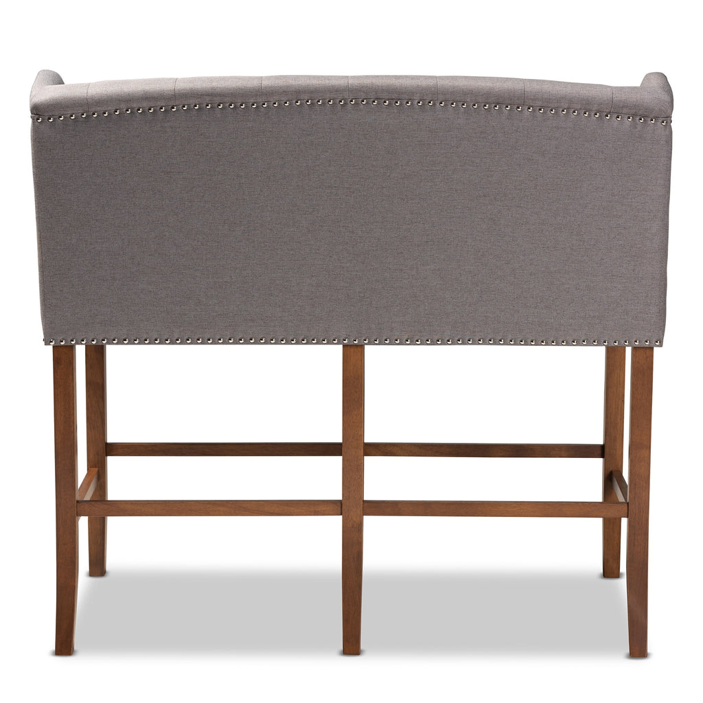 Grey Fabric Upholstered Walnut Finished Wood Button Tufted Bar Stool Bench F4230
