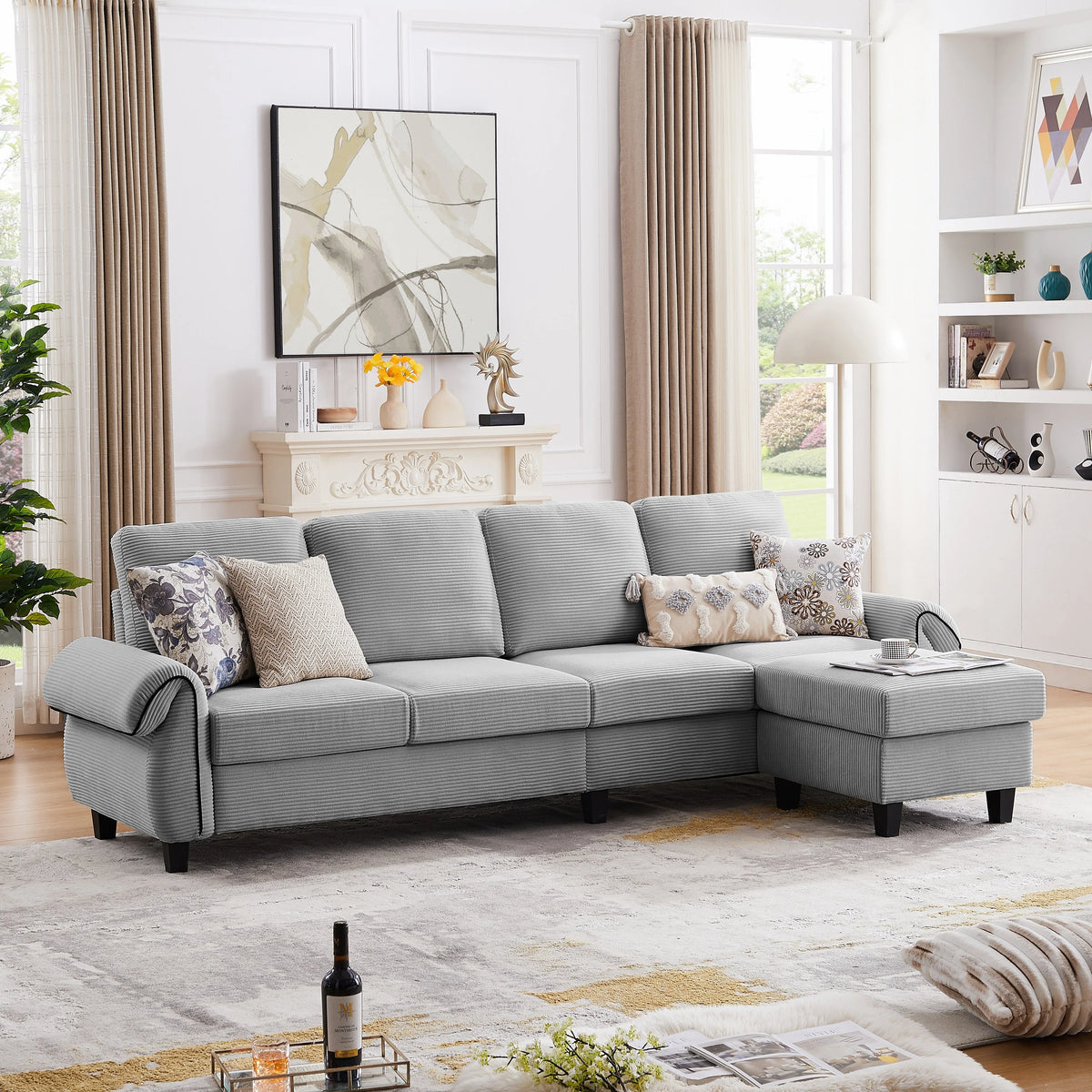 Grey Corduroy L Shaped Sectional Sofa with Reversible Ottoman V63626
