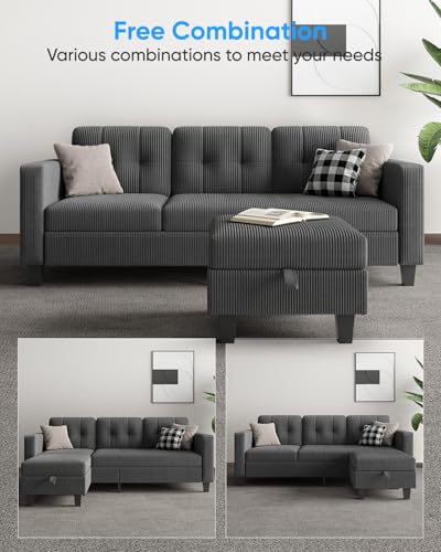 76 Inch Corduroy L Shaped Sectional Sofa with Storage Ottoman D73670