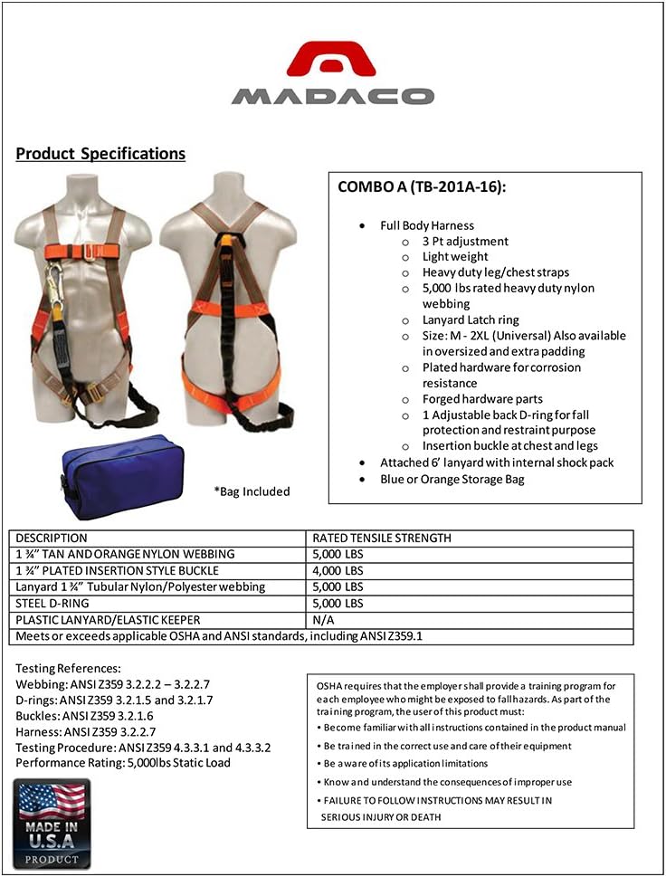 Safety Harness with 6FT Lanyard Kit, Size M-XXL, Blue, Coyote Brown/Orange Q3865