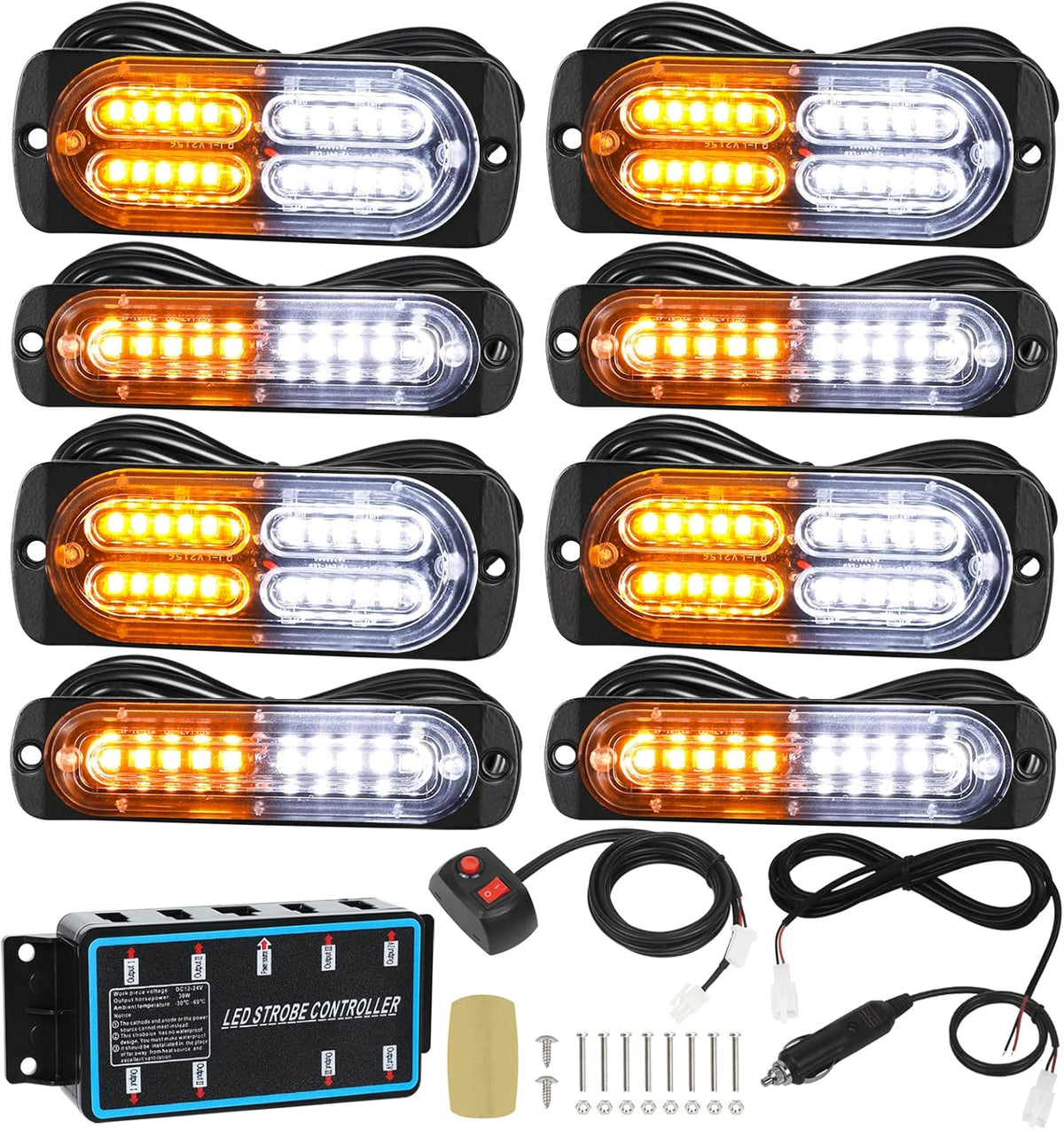 8pcs Amber & White Surface Mount Strobe Light with Strobe Controller and Wiring Harness B5374