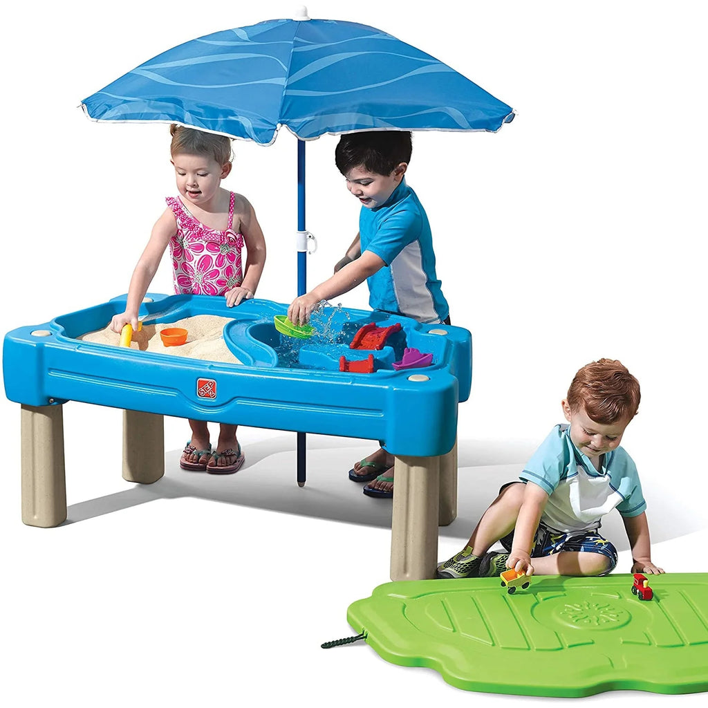 Blue Plastic Sandbox and Water Table with Cover and Umbrella C485
