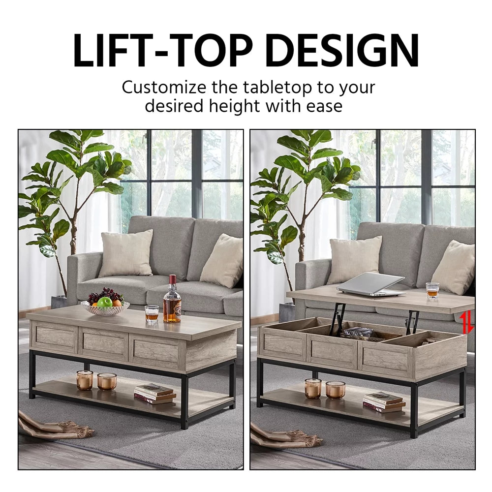 Rustic Gray Wooden Lift Top Coffee Table with Storage Shelf R762