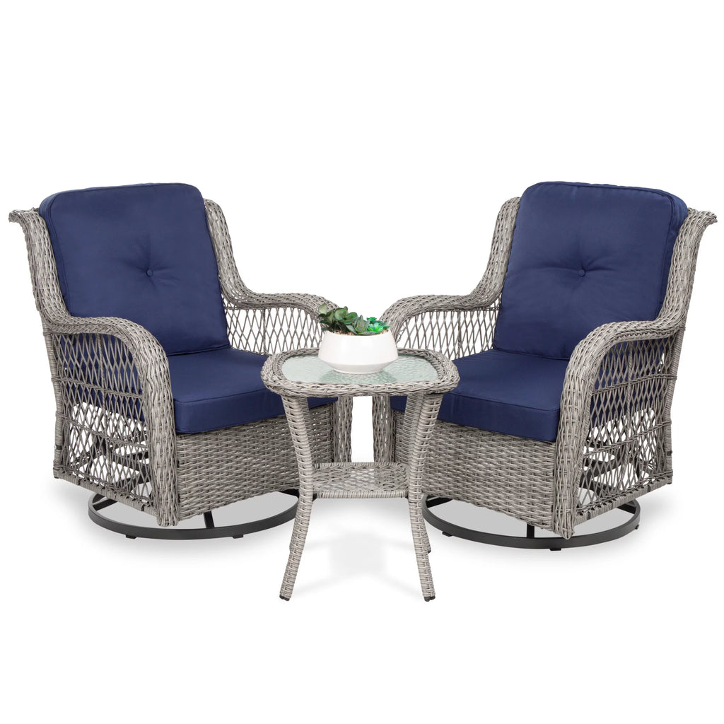 3-Piece Wicker Bistro Set with 2 Cushioned Swivel Rocking Chairs and Side Table B65814