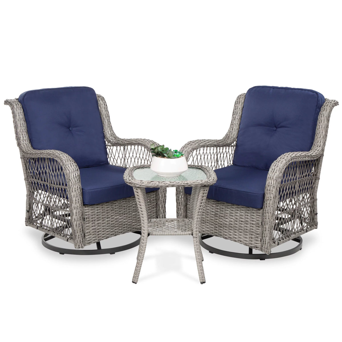 3-Piece Wicker Bistro Set with 2 Cushioned Swivel Rocking Chairs and Side Table B65814