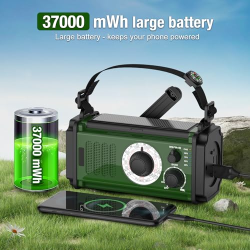 37000mWh Hand Crank Solar NOAA AM FM Weather Radio with Flashlight Reading Lamp SOS Alarm Compass Power Bank S499
