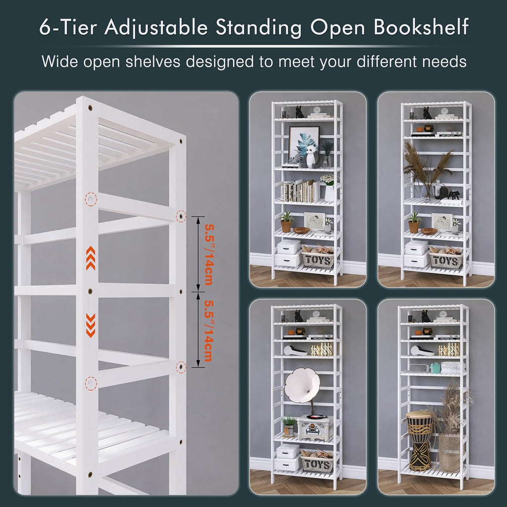 White Freestanding Bamboo Floor Cabinet with Adjustable Shelves and 4 Hooks W1444