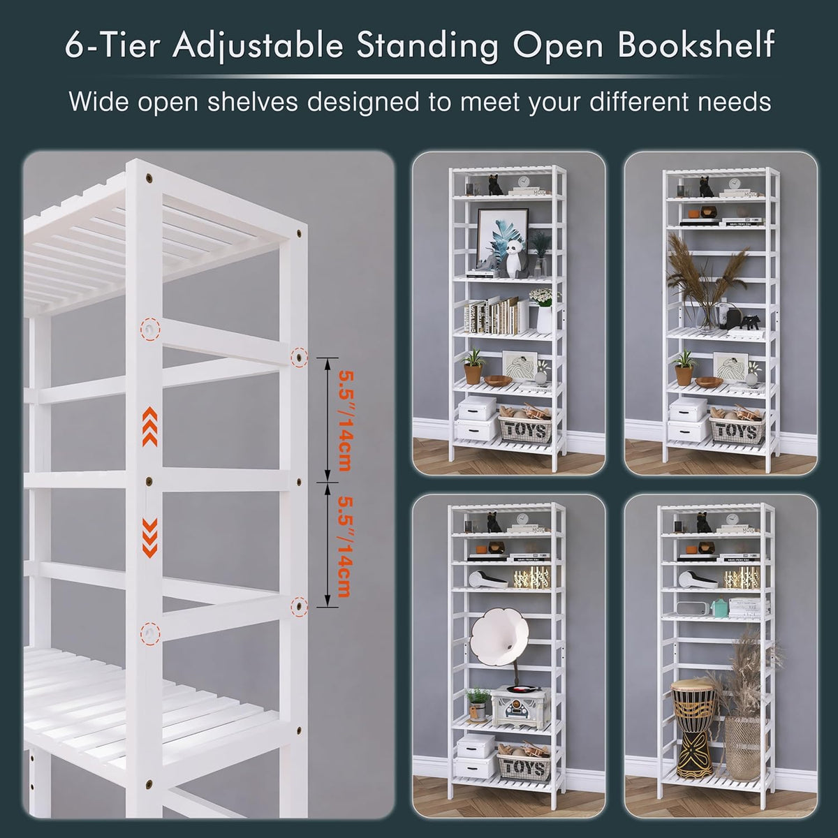 White Freestanding Bamboo Floor Cabinet with Adjustable Shelves and 4 Hooks W1444