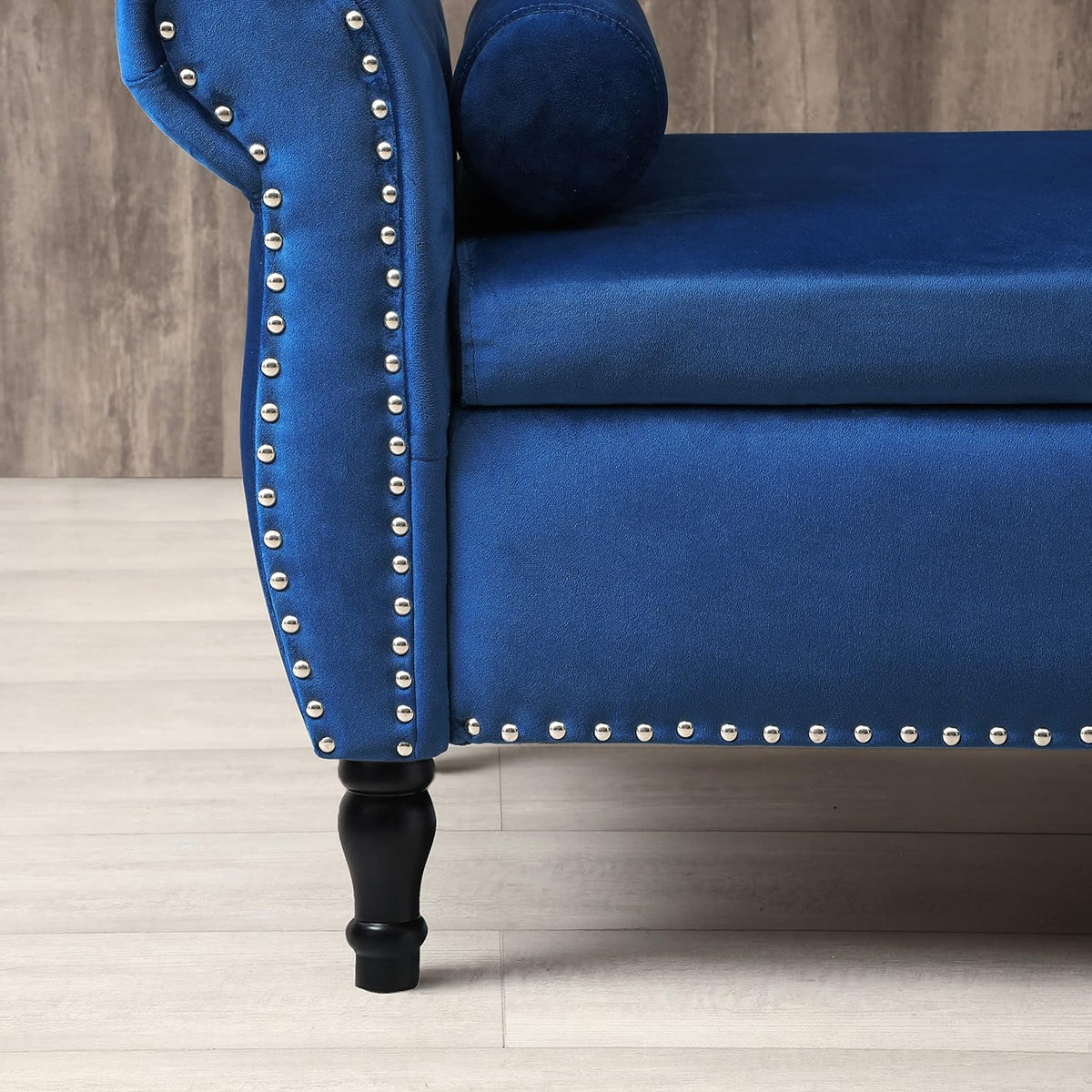 Blue Velvet Storage Bench Ottoman with Solid Wood Legs V89491