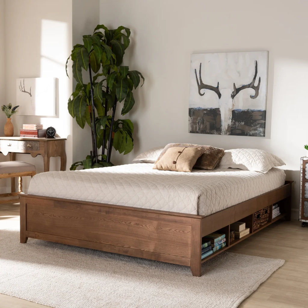 Queen Size Ash Walnut Brown Wood Storage Bed Frame G625