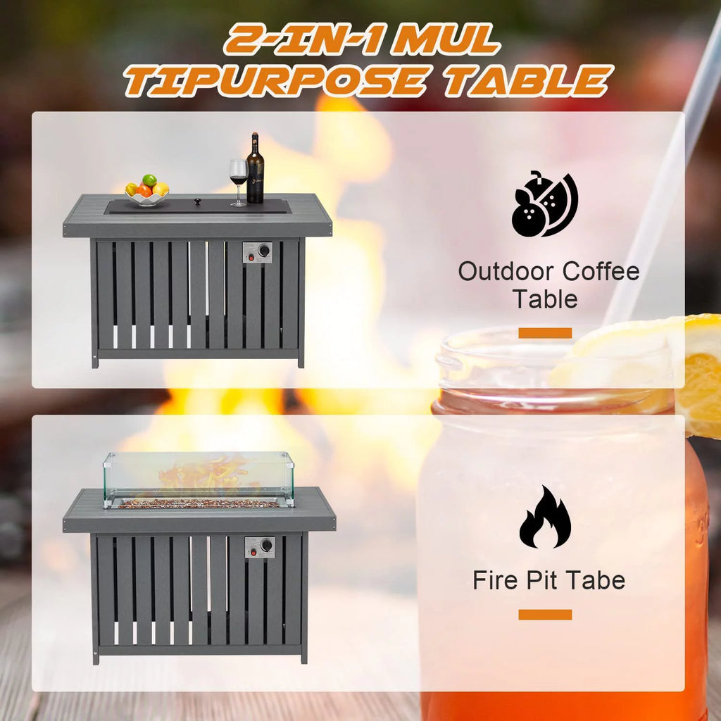Gray 43 Inch HDPE Propane Fire Pit Table with Lid and Fire Glass D928296