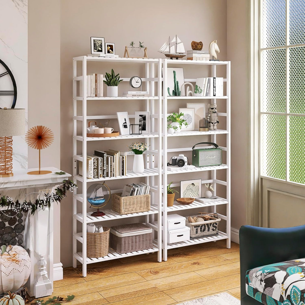 White Freestanding Bamboo Floor Cabinet with Adjustable Shelves and 4 Hooks W1444