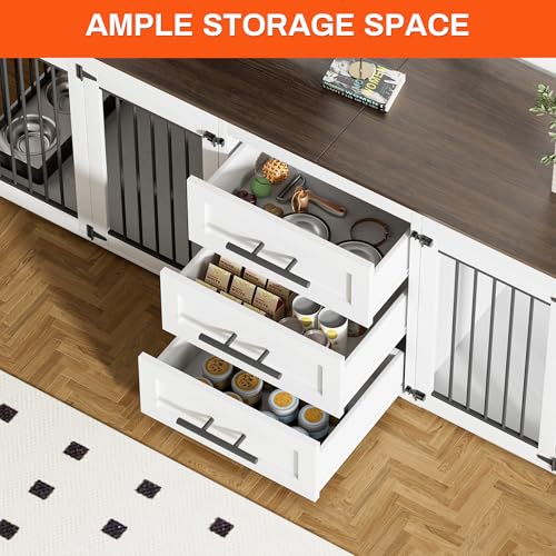 94.5" Dog Crate Furniture with 3 Storage Drawer, 4 Bowls, Grey J857326