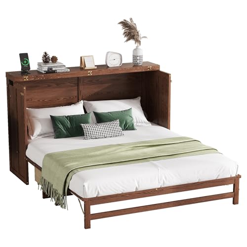 Solid Pine Queen Size Murphy Cabinet Wall Bed with Storage Drawers I44434