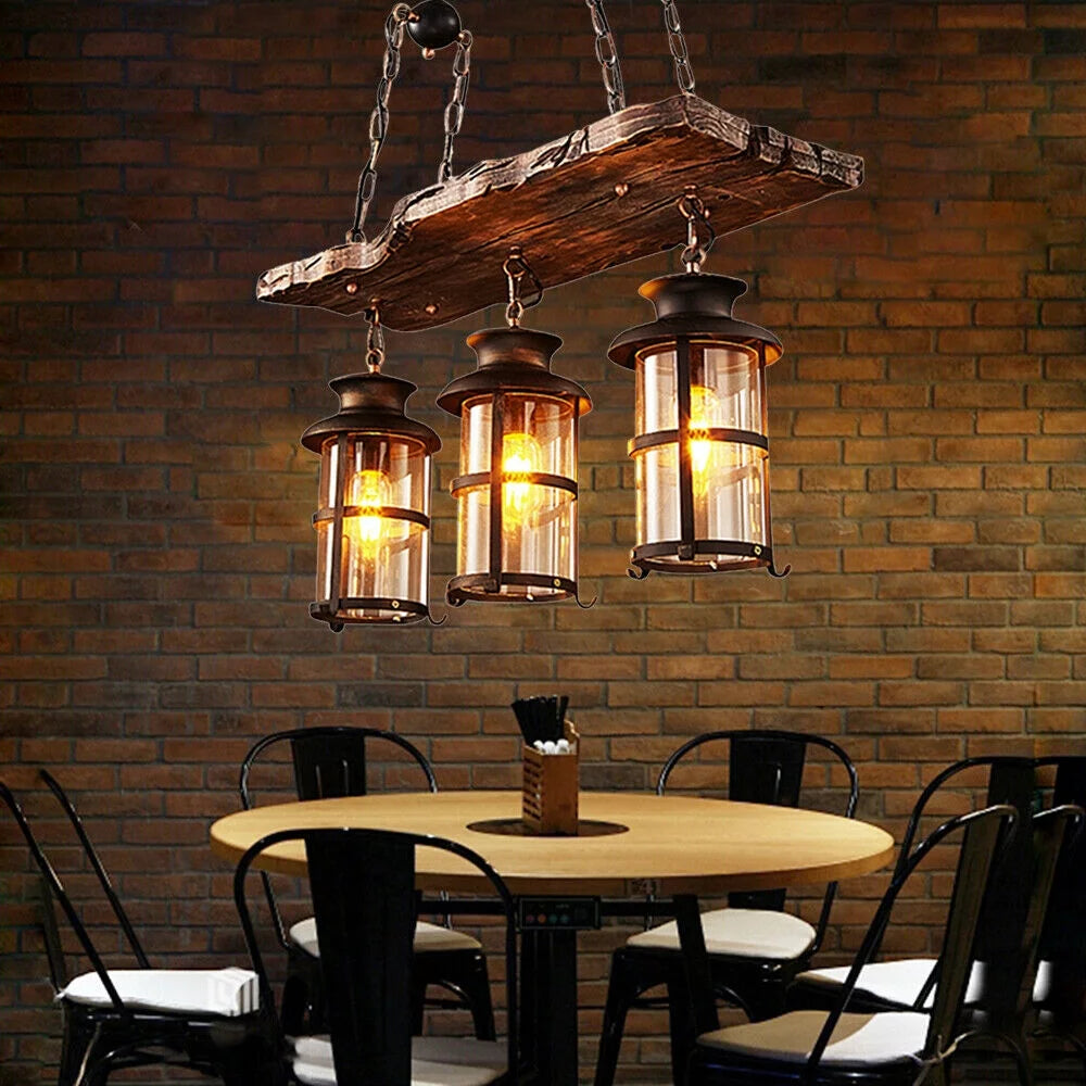 Rustic Wood 3 Heads Hanging Chandelier Ceiling Light A2512