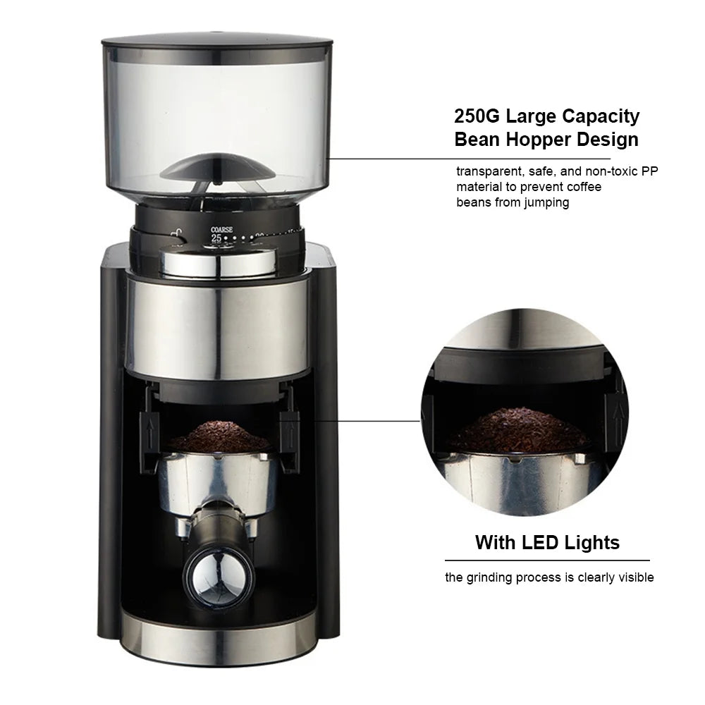 Black Adjustable Electric Burr Coffee Grinder with 25 Grind Settings X490