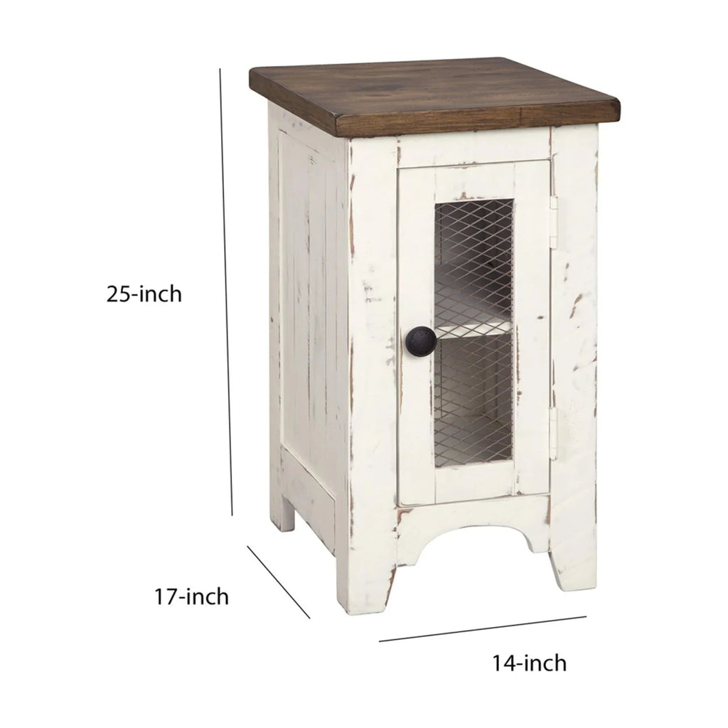 Brown and White Chair Side End Table with Wire Metal Grill Cabinet P497991