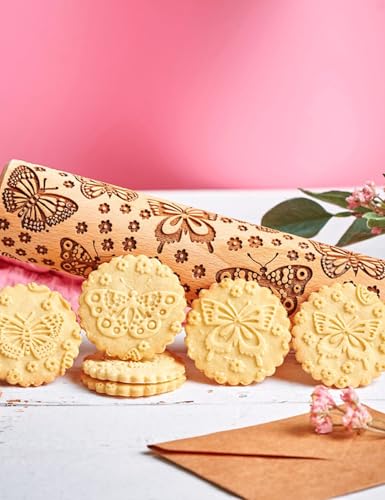 Wooden Embossed Rolling Pin with Butterfly Pattern P1246