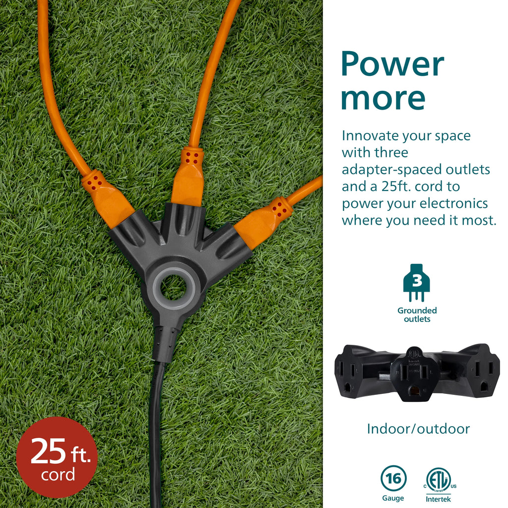 Black 25FT 16 AWG 3-Outlet Extension Cord W5609