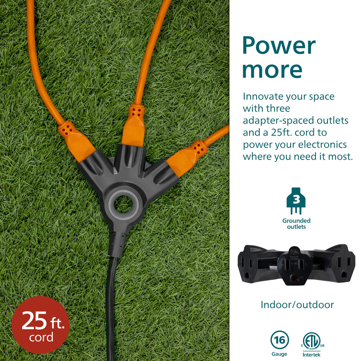 Black 25FT 16 AWG 3-Outlet Extension Cord W5609