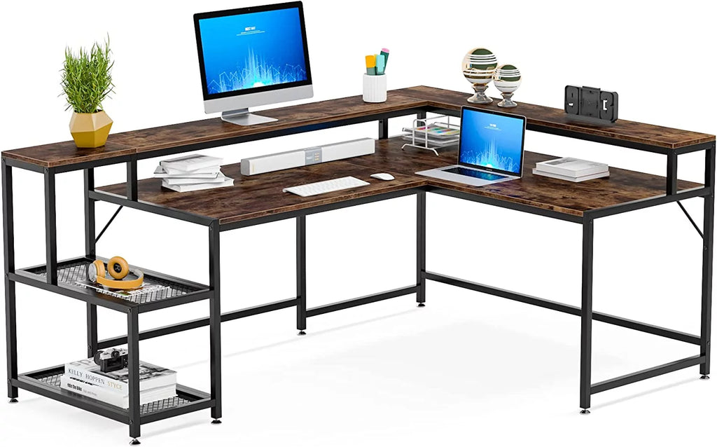 69" Reversible L Shaped Corner Computer Desk with Monitor Stand Y1507