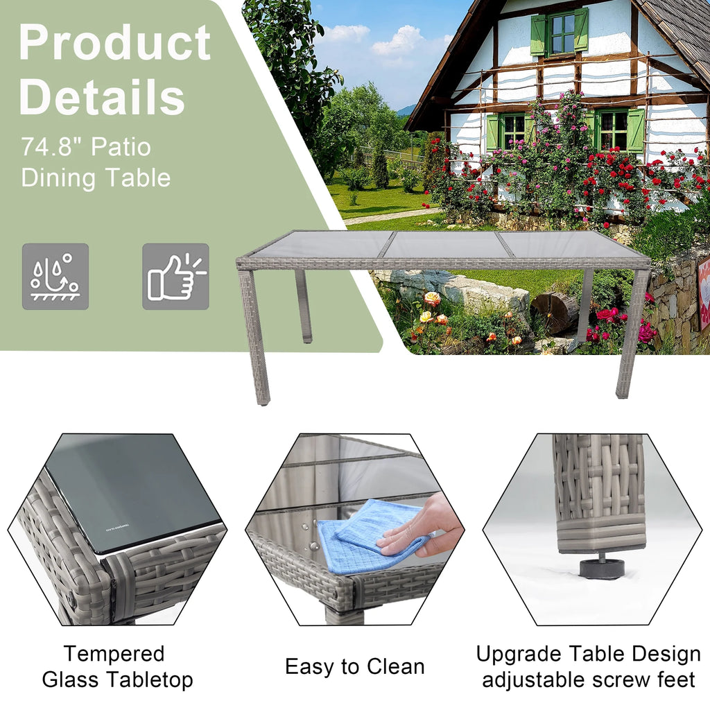 9 Pieces Wicker Outdoor Dining Set with Glass Tabletop and Cushioned Chairs C4544
