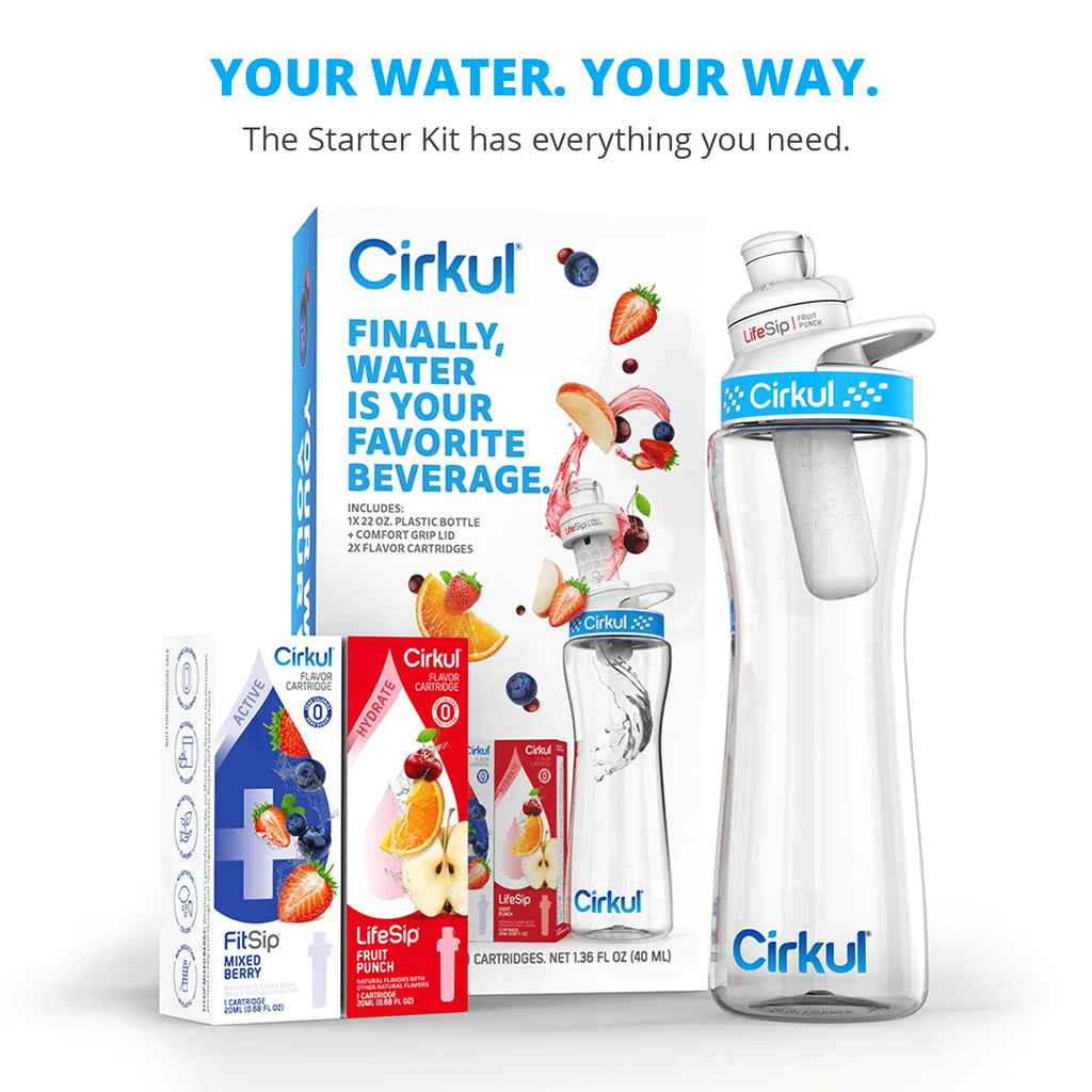 22oz Plastic Water Bottle Starter Kit with Blue Lid and 2 Flavor Cartridges K892566