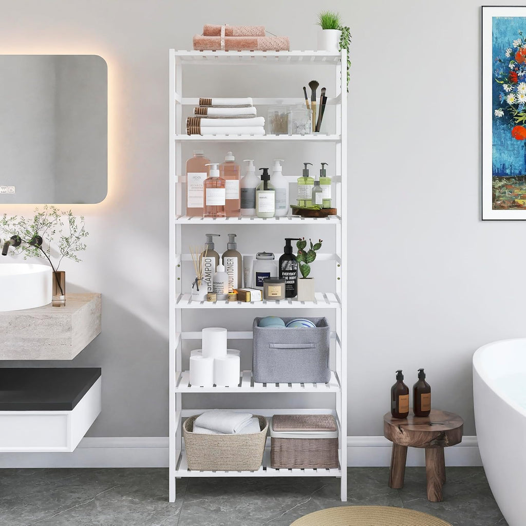 White Freestanding Bamboo Floor Cabinet with Adjustable Shelves and 4 Hooks W1444