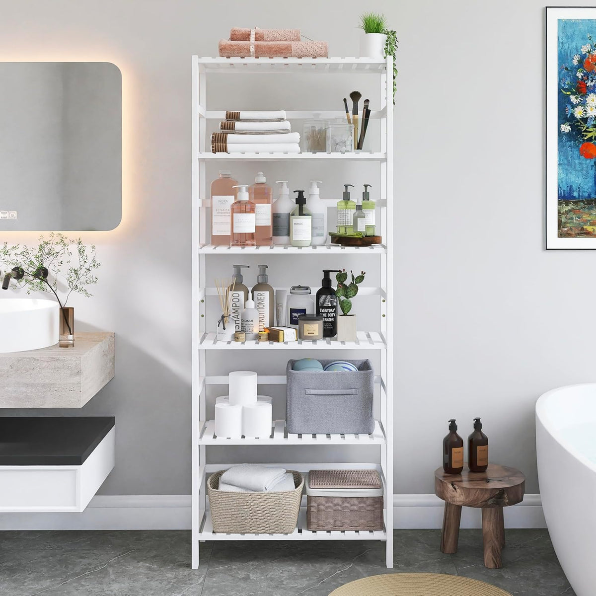 White Freestanding Bamboo Floor Cabinet with Adjustable Shelves and 4 Hooks W1444