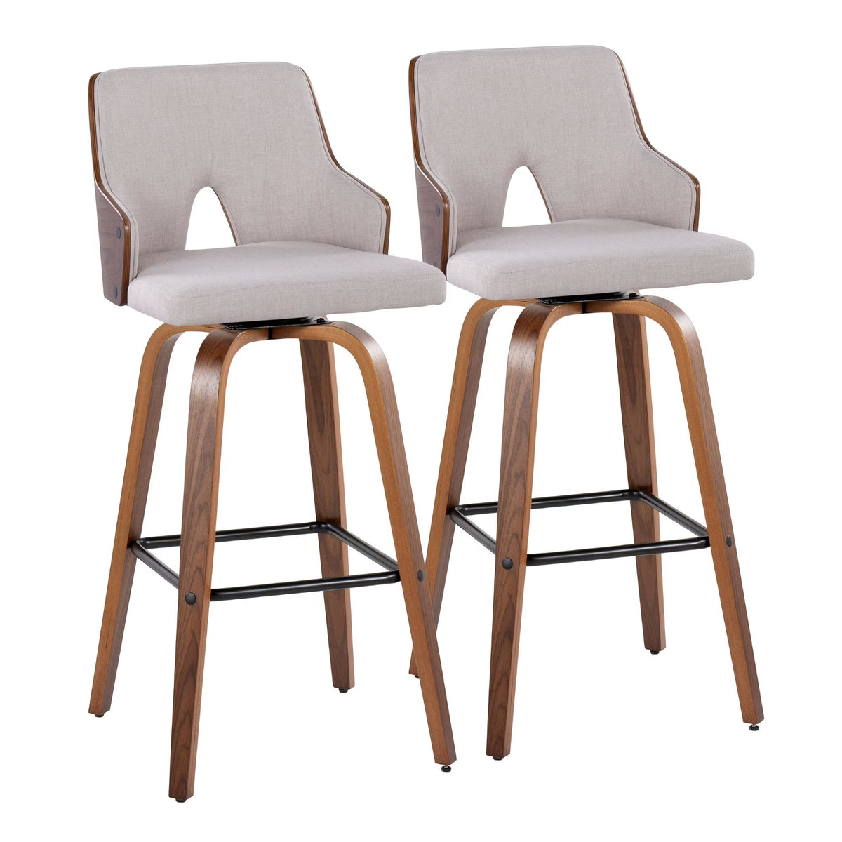 Walnut Wood Beige Fabric Swivel Barstool Set of 2 Z756644
