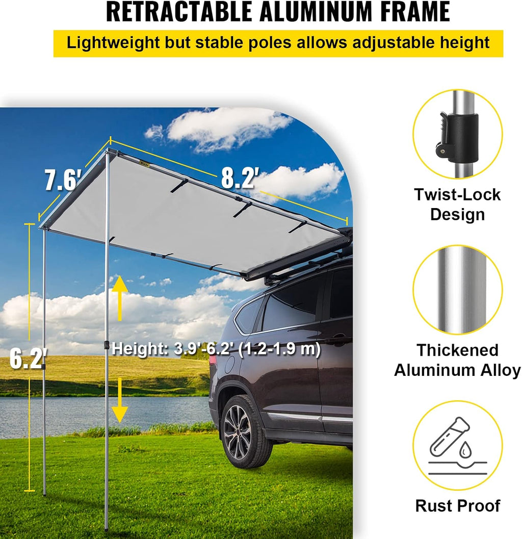 Car Side Awning, 7.6'x8.2', Retractable Waterproof UV50+ with Carry Bag, Grey D3836