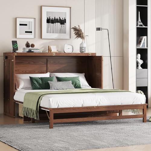 Solid Pine Queen Size Murphy Cabinet Wall Bed with Storage Drawers I44434