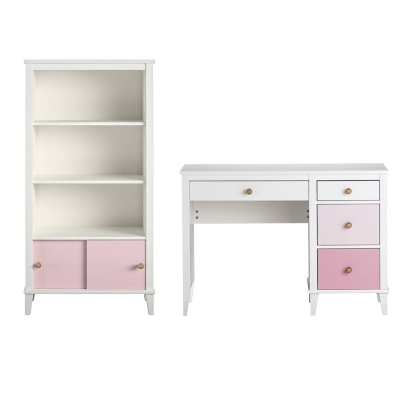 2 Piece Kids Bedroom Set with Bookcase and Desk in White and Pink Y265