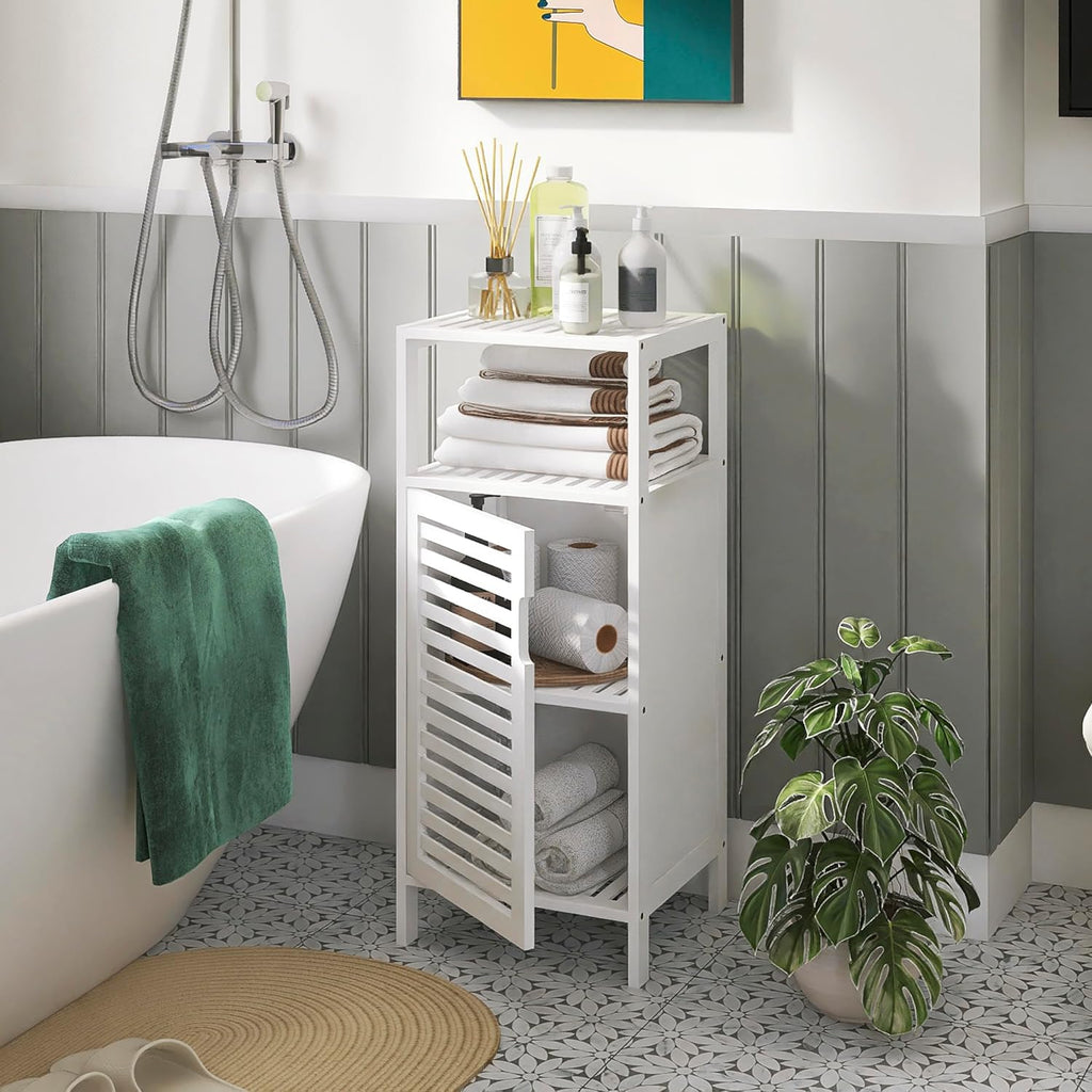 White Freestanding Bamboo Floor Cabinet with Adjustable Shelves and 4 Hooks W1444