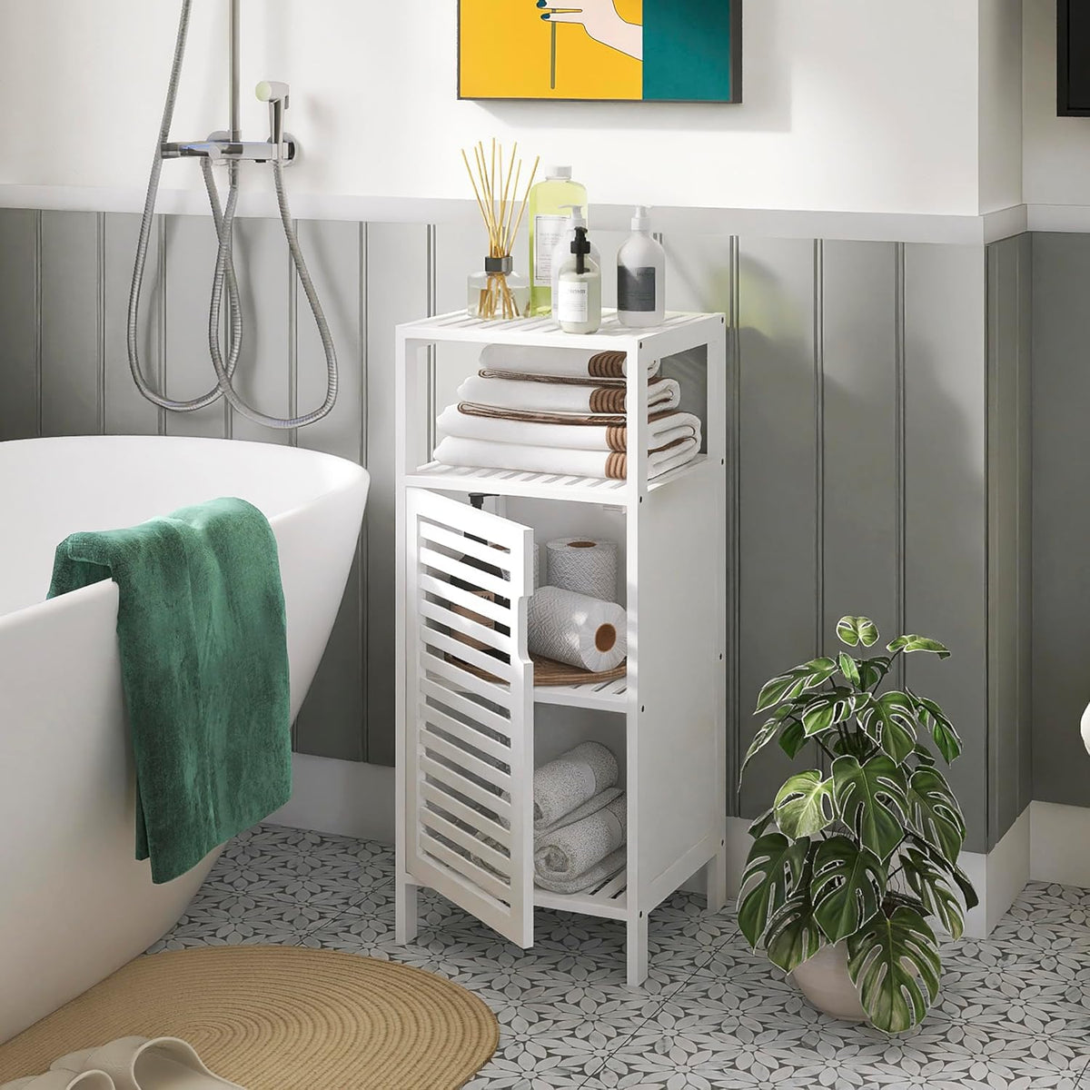 White Freestanding Bamboo Floor Cabinet with Adjustable Shelves and 4 Hooks W1444