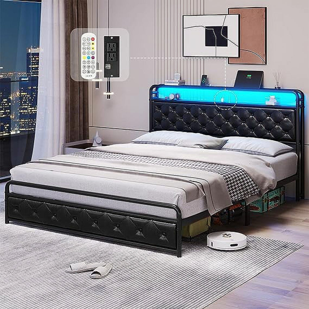 King Size Upholstered Platform Bed Frame with LED Lights, USB Charging Station, Hidden Storage Headboard, Dark Grey V44566