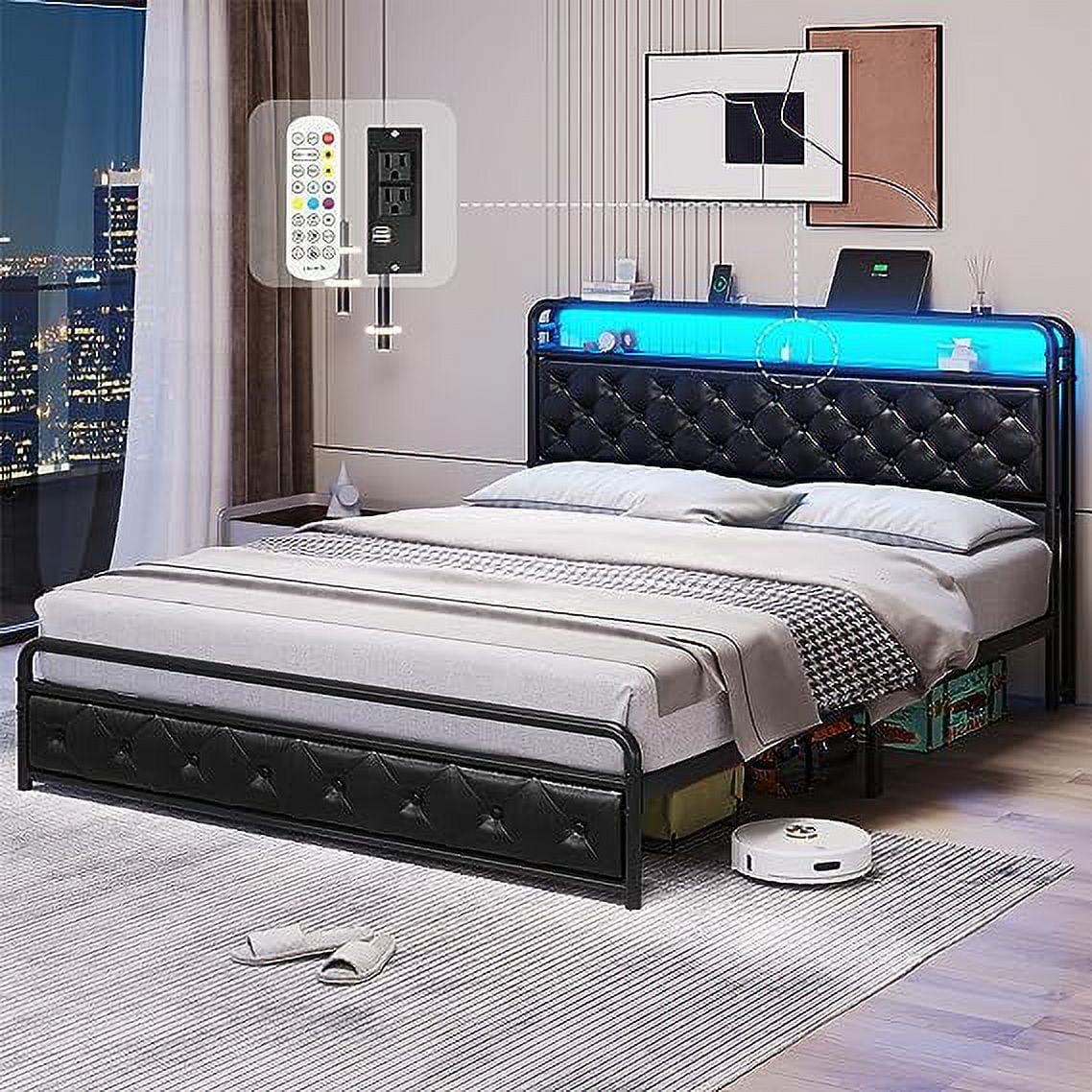King Size Upholstered Platform Bed Frame with LED Lights, USB Charging Station, Hidden Storage Headboard, Dark Grey V44566