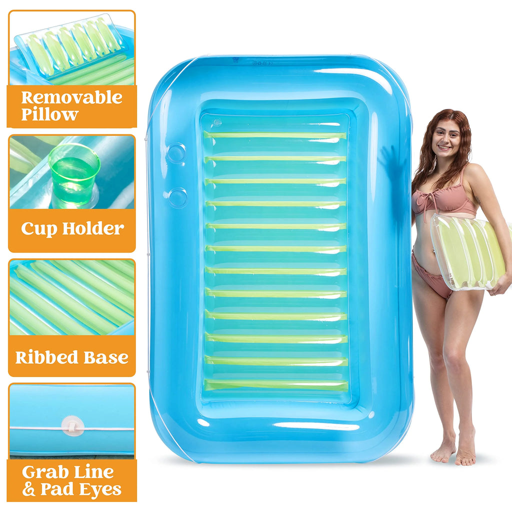 Inflatable Tanning Pool Lounger Float, 70" x 46" with Pillow, Blue A859420