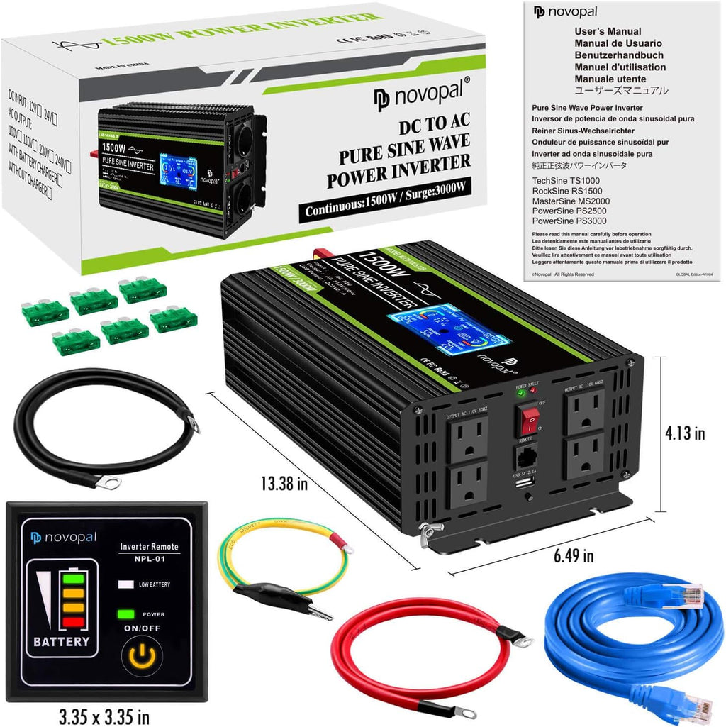 1500 Watt Pure Sine Wave Power Inverter DC 12V to 110V/120V with 4 AC Outlets and USB Port C199974