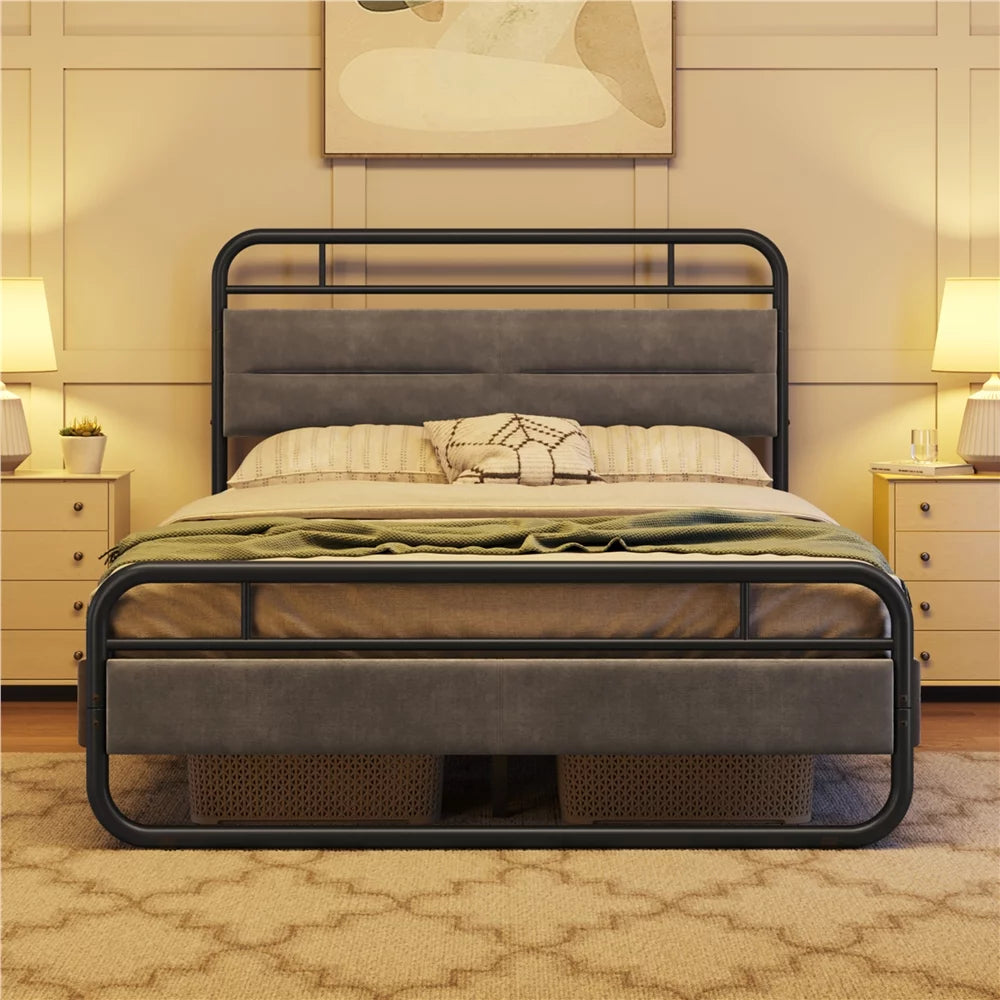 Queen Size Metal Platform Bed with Velvet Upholstered Headboard M347