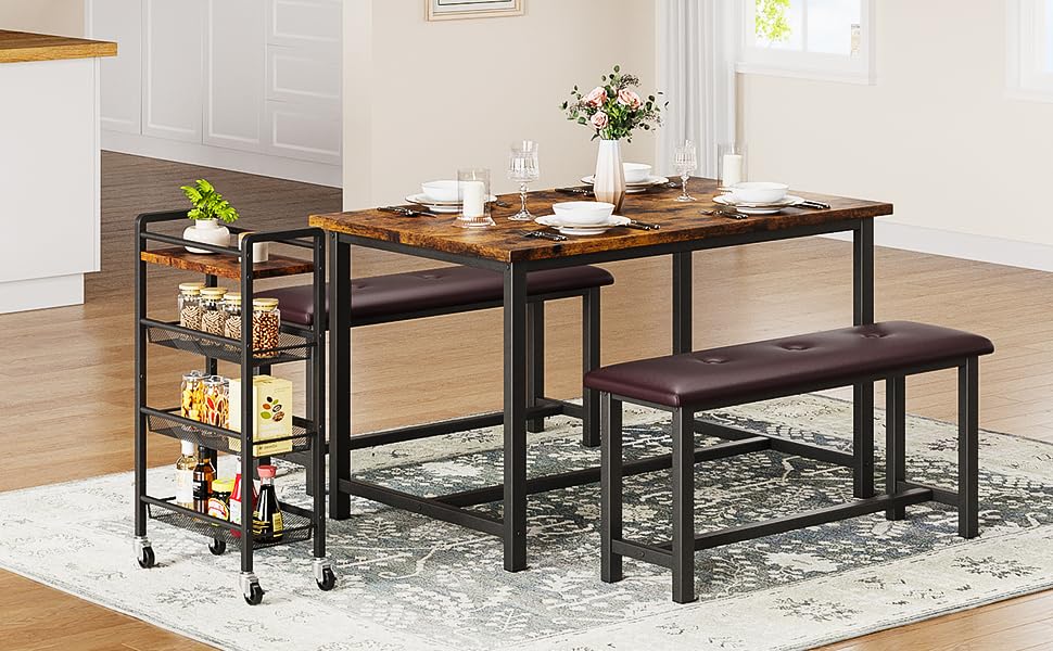 Dining Table Set for 4 with 2 Upholstered Benches R438738