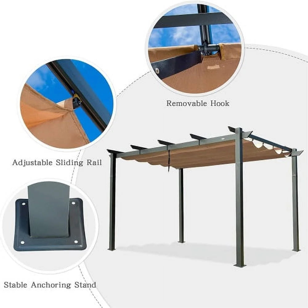 Beige Aluminum Retractable Pergola with Sun Shade Canopy J2815