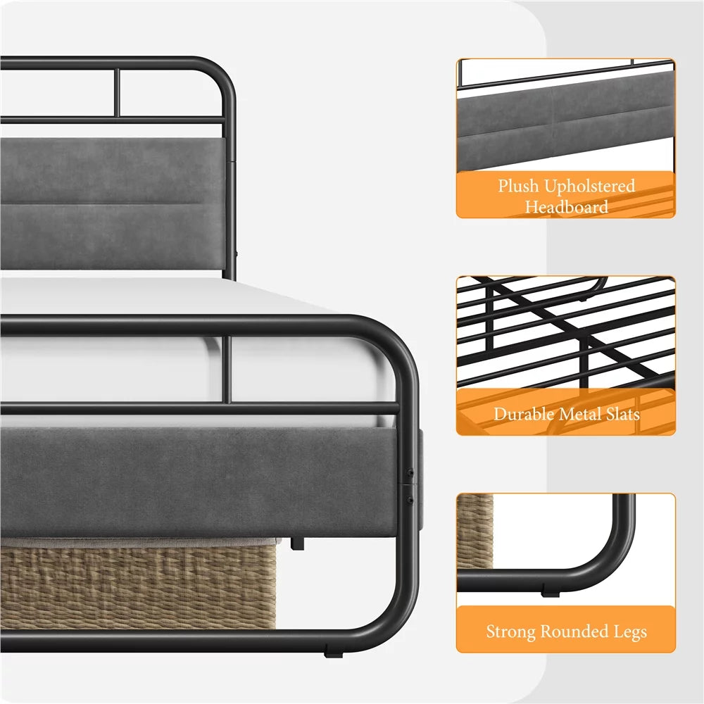 Queen Size Metal Platform Bed with Velvet Upholstered Headboard M347