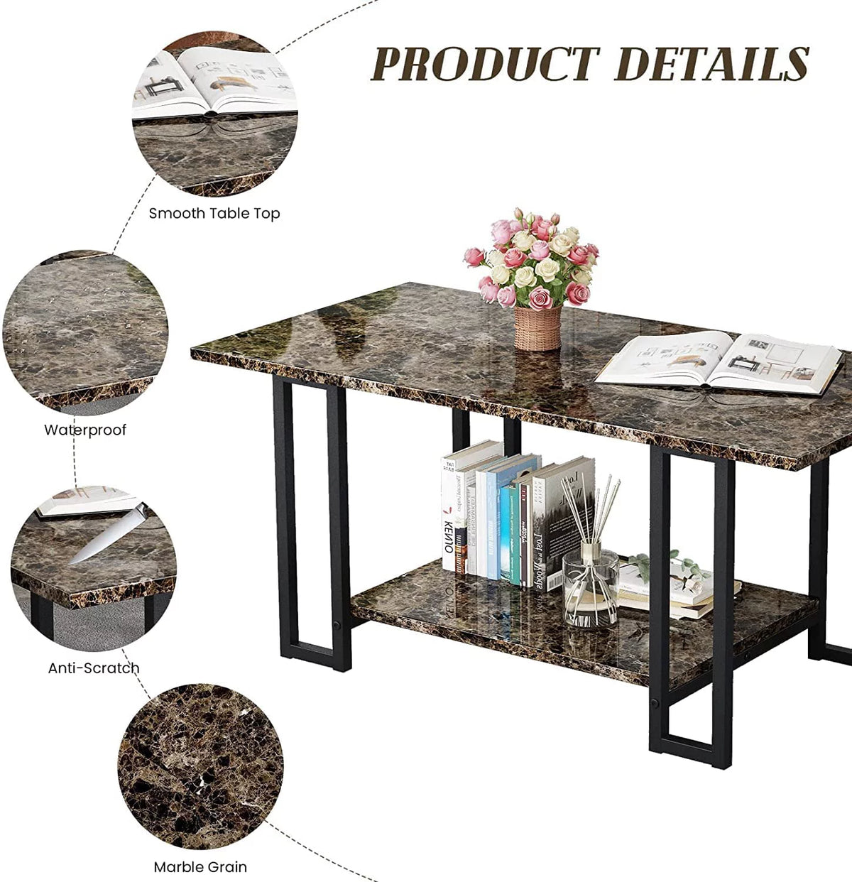 Faux Marble Coffee Table Set of 3 with Metal Legs J323
